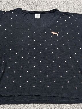PINK Victoria's Secret Black Short Sleeve V-Neck Tee with Pink Logo and Dots